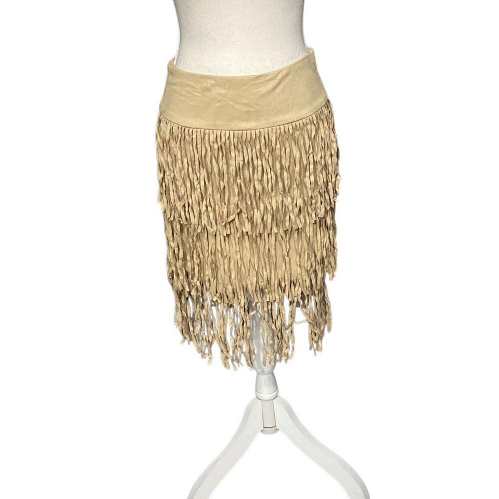 Romeo and Juliet Couture Tan Layered Fringes Straight Skirt Faux Suede Small NWT